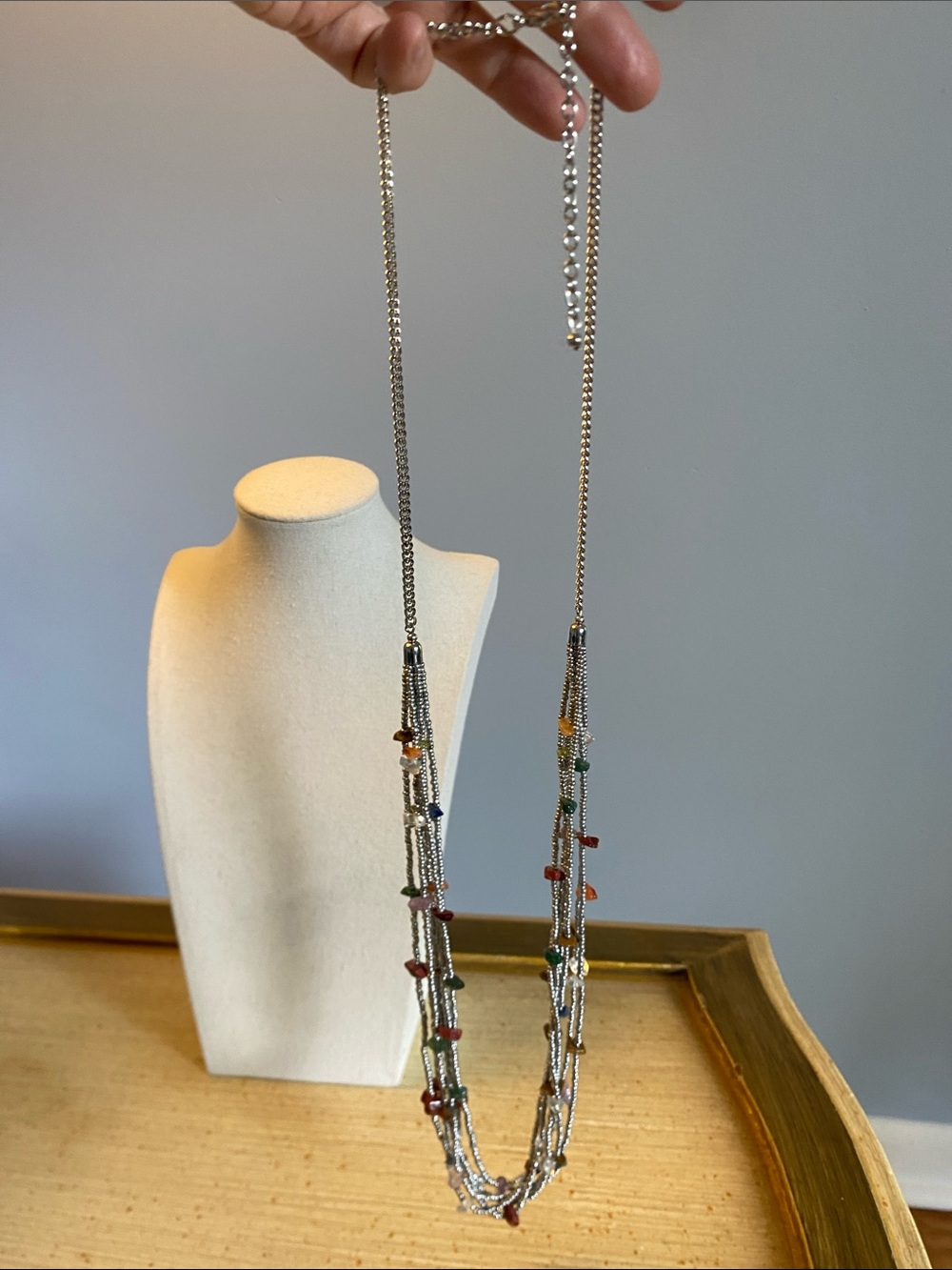 Long Multi-Strand Silver Tone Gemstone Chip Necklace 34” Boho